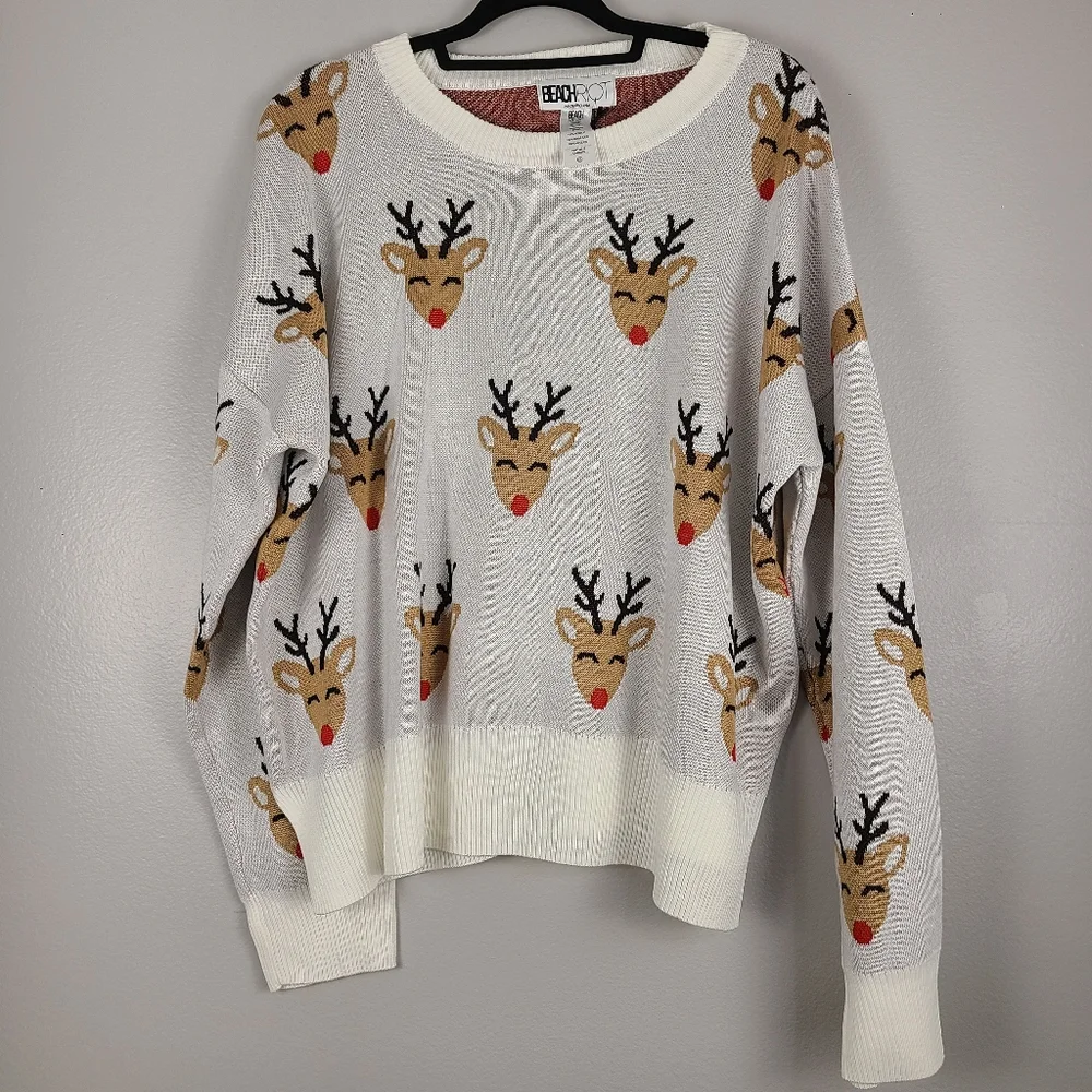 Anthropologie Beach Riot Christmas Reindeer Novelty Pullover Crewneck Sweater XL